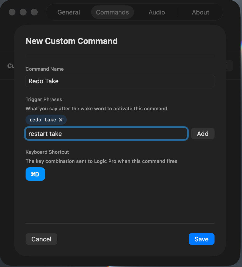Logic Commander custom command editor with trigger phrases and captured keyboard shortcut
