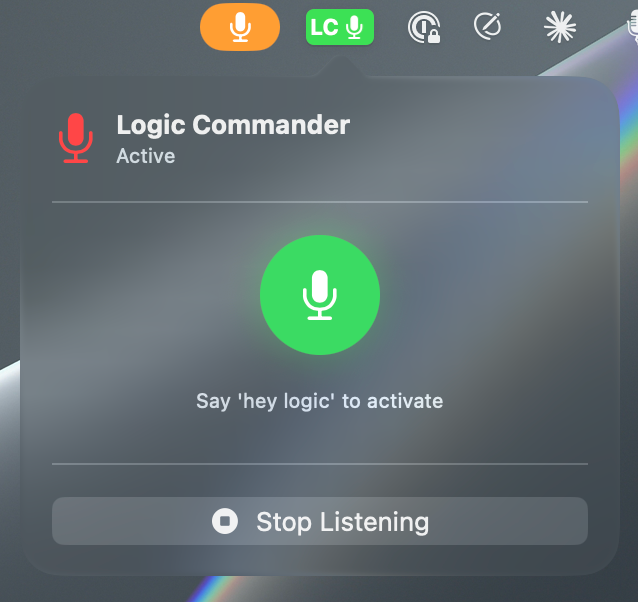Logic Commander menu bar popover showing live mic activity indicator and listening status